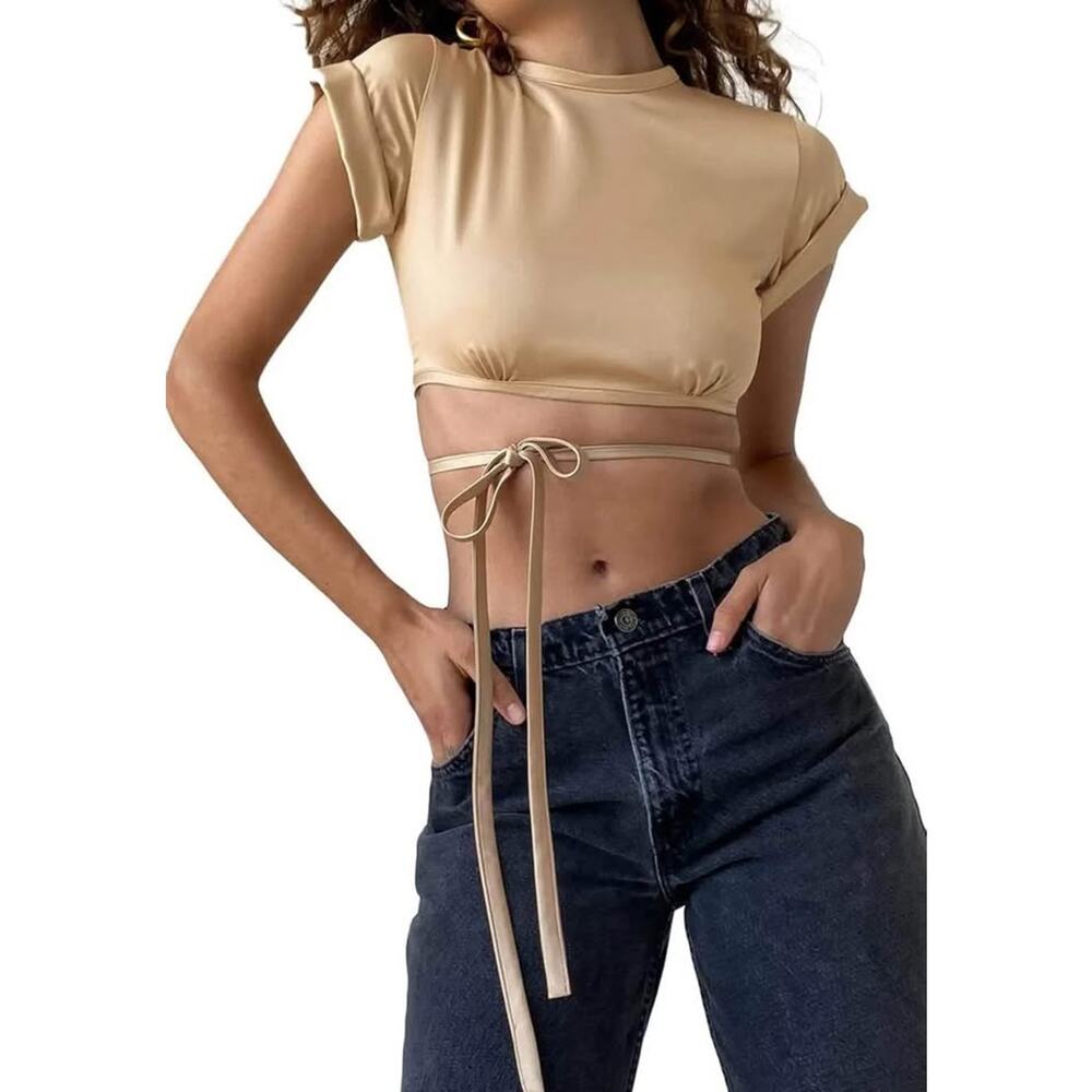 Women's Lightweight Satin Tie Back Backless Crop Top‎ Boho Glam Earthy Medium